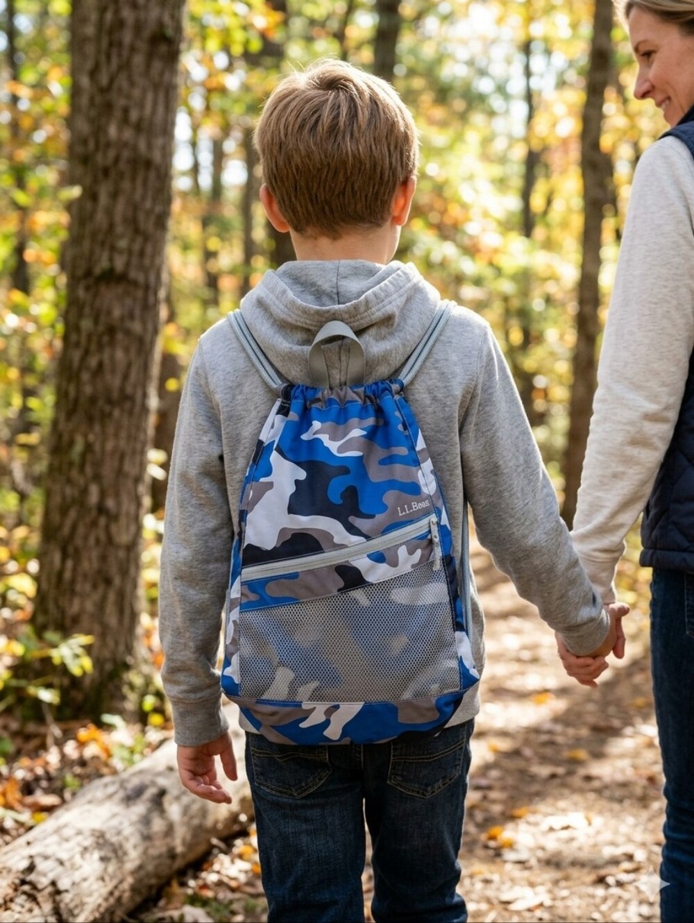 LL Bean Kids Blue Camo Drawstring Backpack Everyday Cinch Bag Mesh Pocket